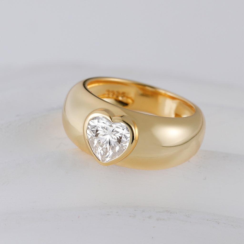 S925 Argent plaqué or 1,2ct Coeur Moissanite Chunky Dôme Anneau 7x7mm D Couleur VVS1 US Taille