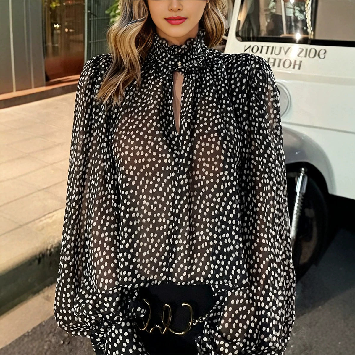 Chemise à manches longues pour femmes, style français Polka-Dot