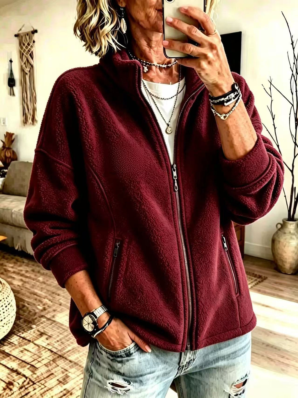 En stock European and American Autumn And Winter Stand-up Collier Full-zip Fleece Anti-thef