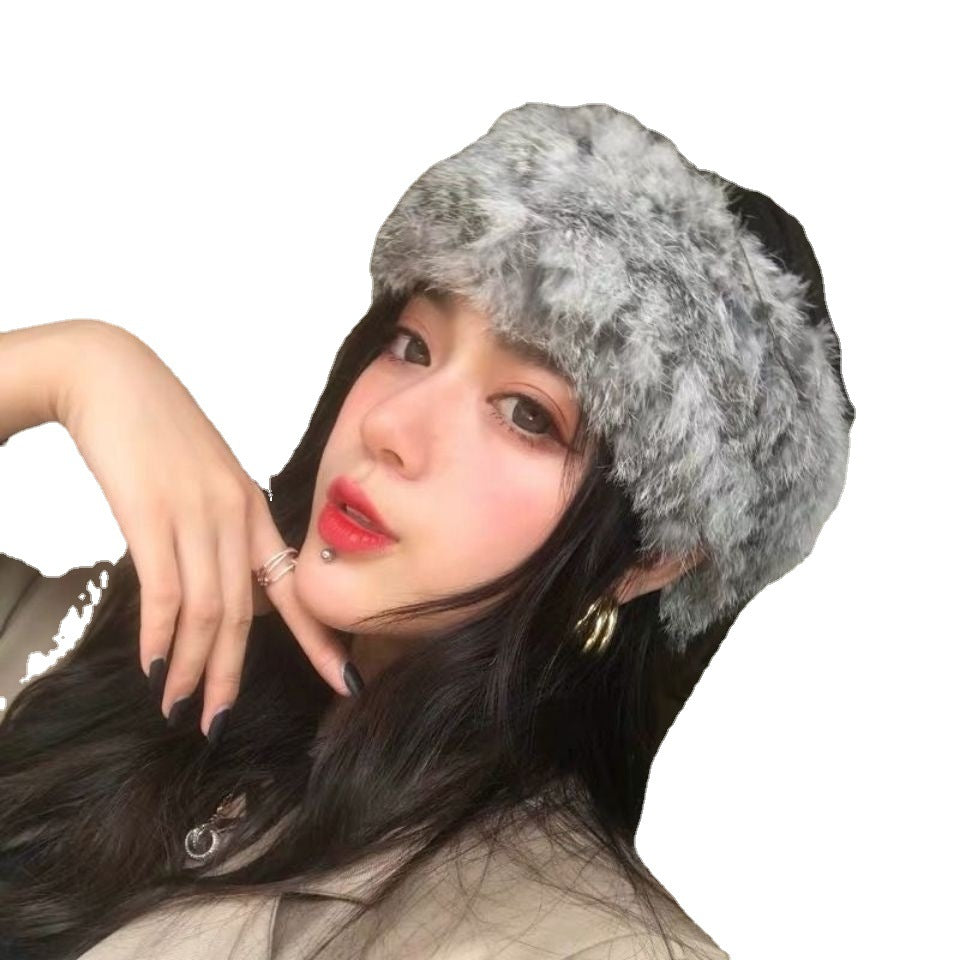 Influenceur Style Lapin Fur Visor pour l'automneHiver chaud Fashionable et large bande de tête en peluche