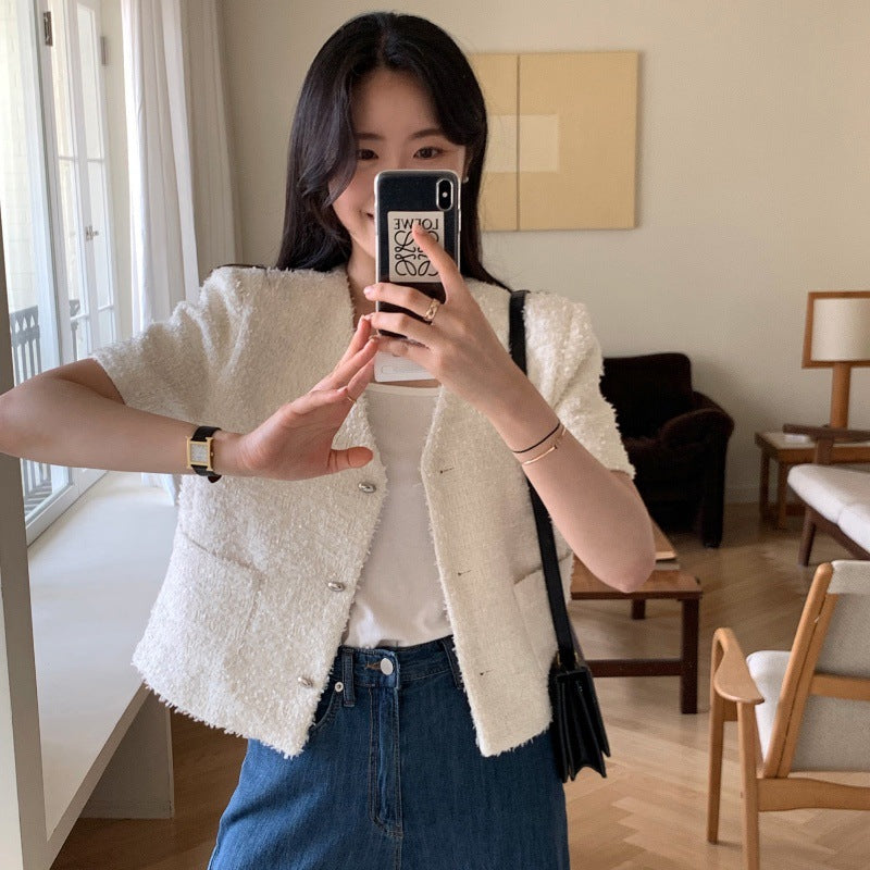 Women's Short-Sleeve Olive Button Jacket