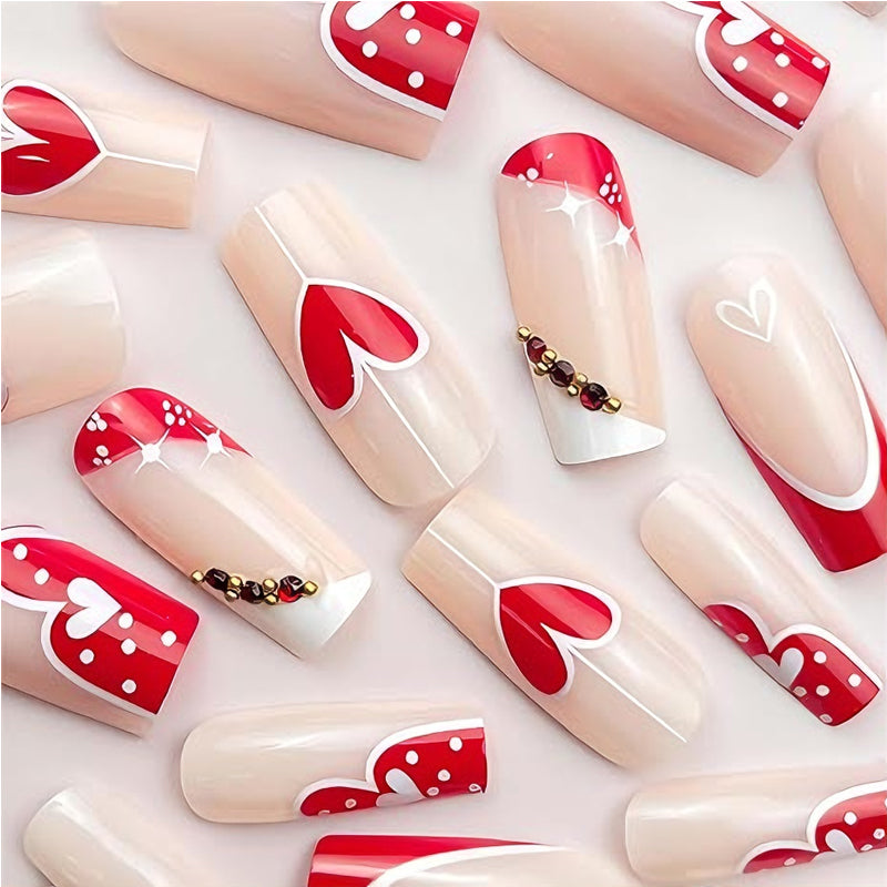24 PCS rouge et blanc cœur ongles art
