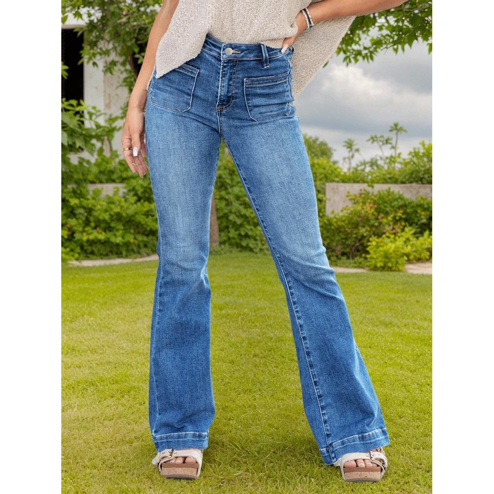 Femmes High Waist Front Double Pocket Lavé Flare Denim Pantalons Slim Drape Jeans pour l'extérieur