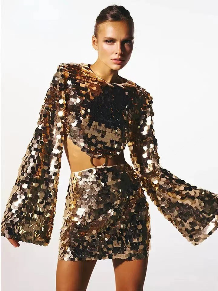 Douce et épicée manches longues femmes Col rond Sexy Grande robe de soirée à paillettes