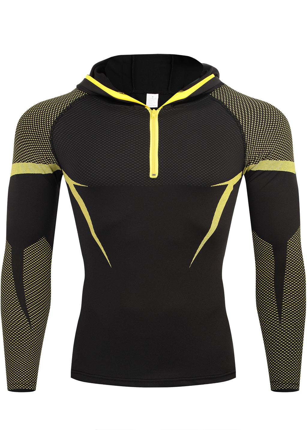 Hommes demi-zip Compression à capuche manches longues Chemise Noir Rouge Couleur Bloc Mesh Spliqued Quick