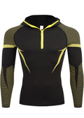 Hommes demi-zip Compression à capuche manches longues Chemise Noir Rouge Couleur Bloc Mesh Spliqued Quick