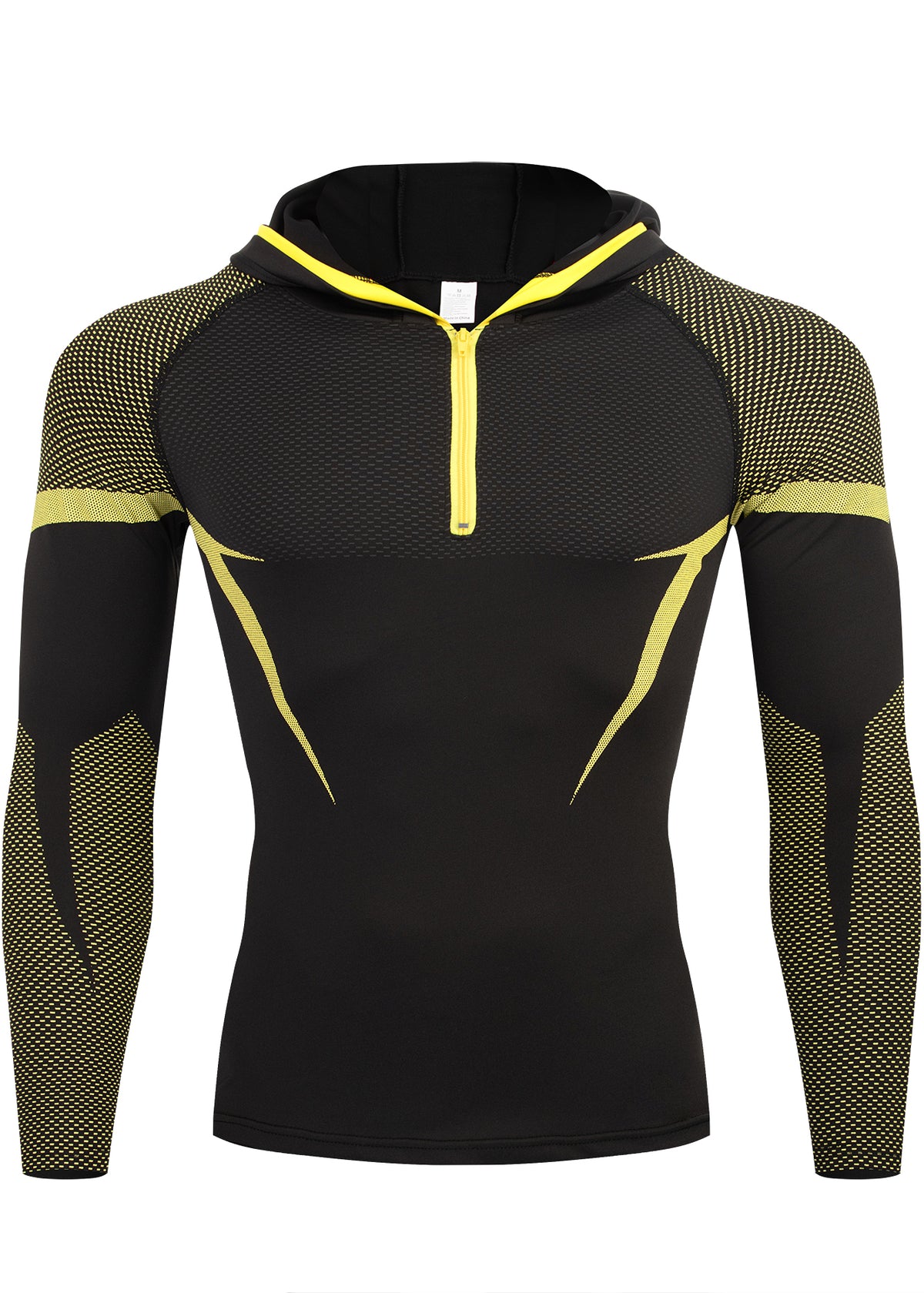 Hommes demi-zip Compression à capuche manches longues Chemise Noir Rouge Couleur Bloc Mesh Spliqued Quick