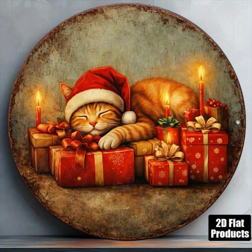 Vintage Christmas Kittens rond panneau 8x8in mignon Xmas décoration murale