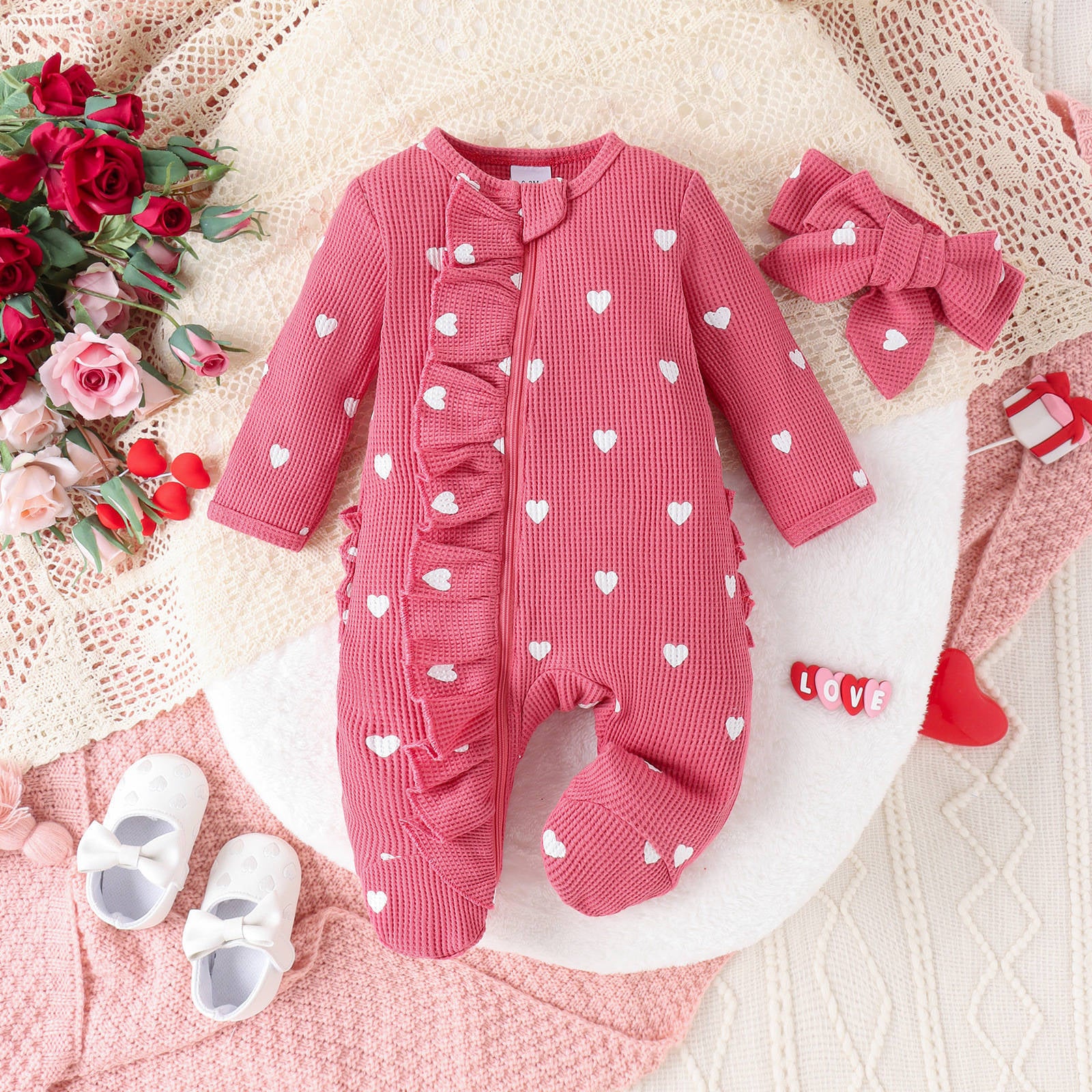 Empreinte cardiaque Jeu de bandeau Zip-up Onesie