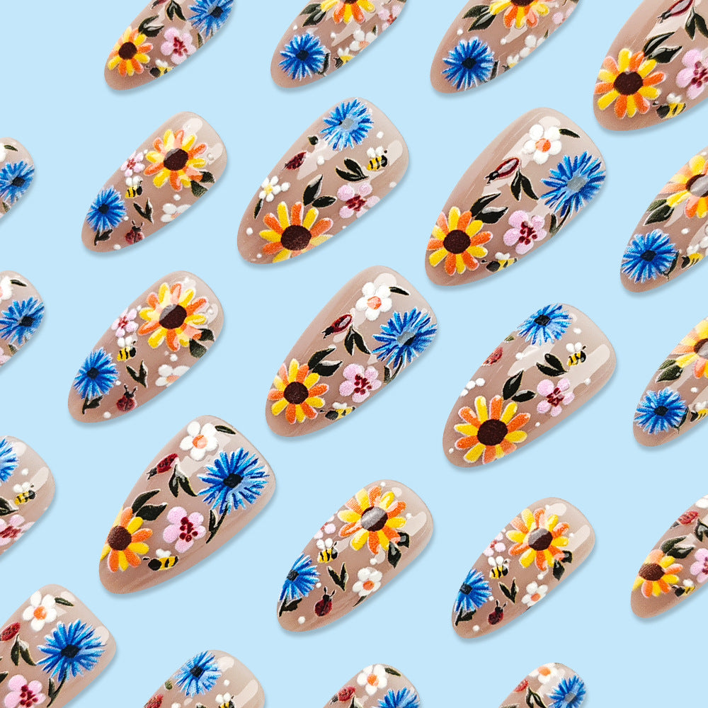Stickers 24 pièces de ongles acryliques en forme d'amande courte avec fleurs jaunes A