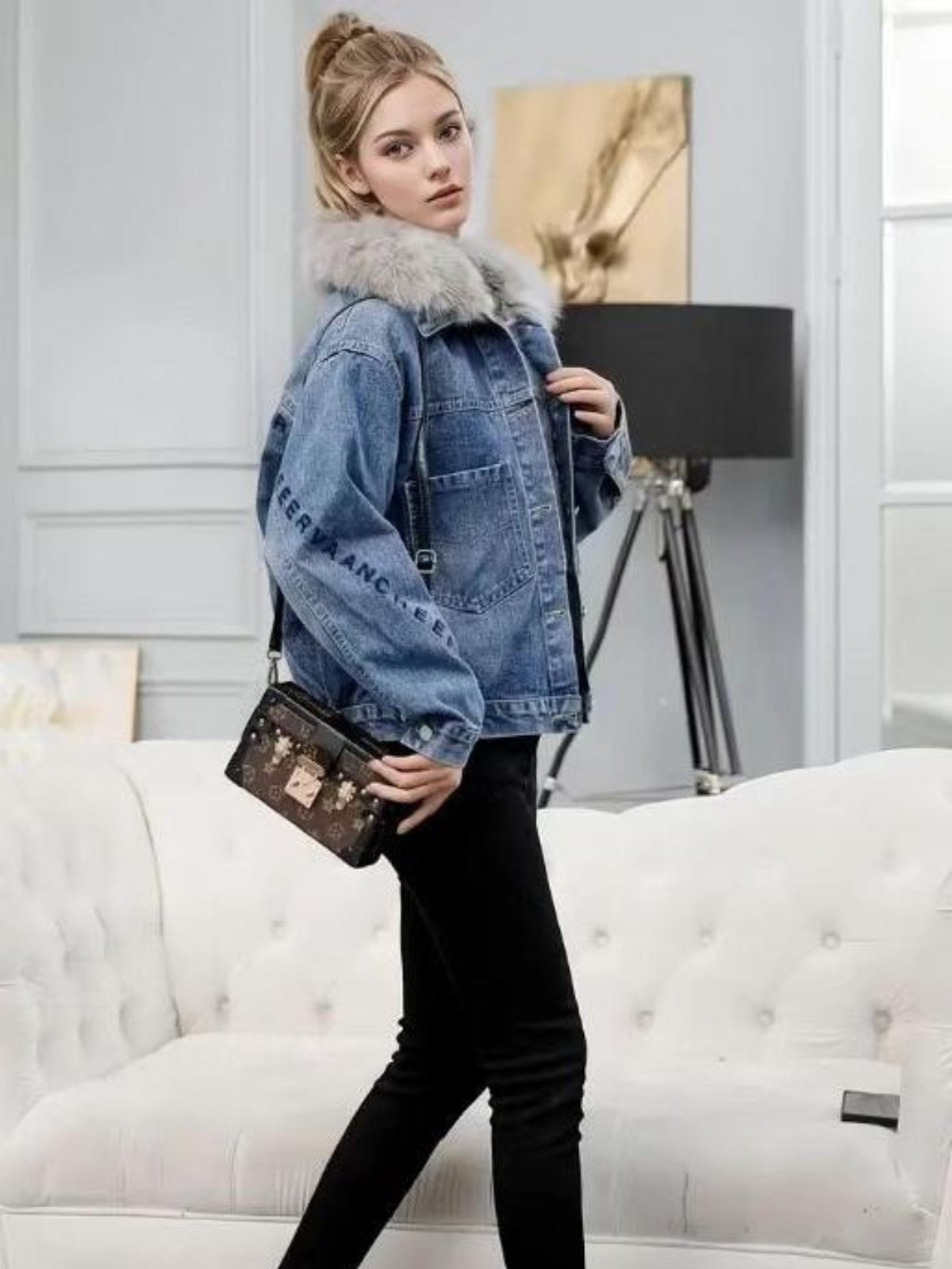 Veste de denim doublée de polaire Femmes chaud Hiver Faux Fur Collar Oversize Jean Veste prête