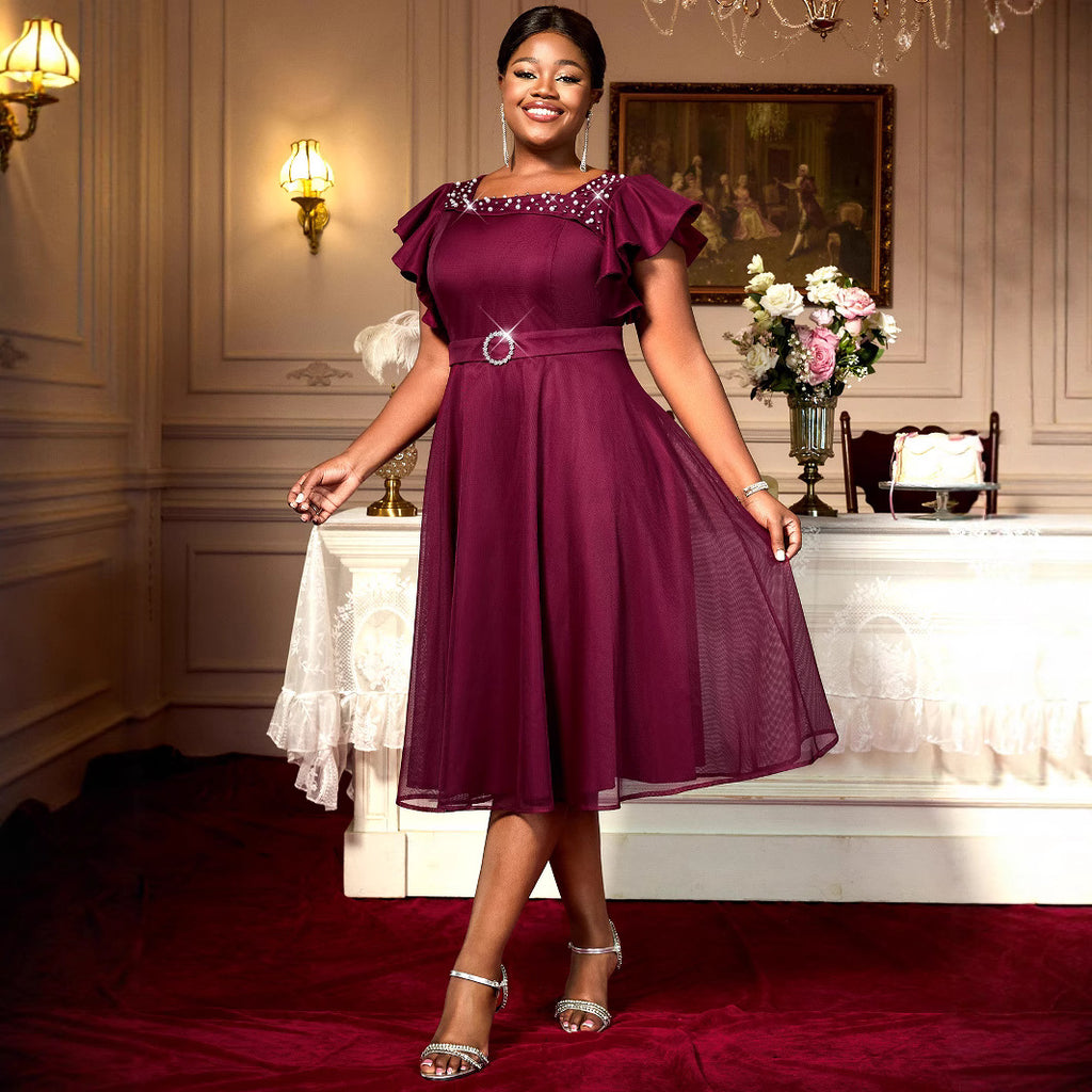 Été Mesh Papillon Manches Ruffes Soirée Mariage Invité Robe élégante