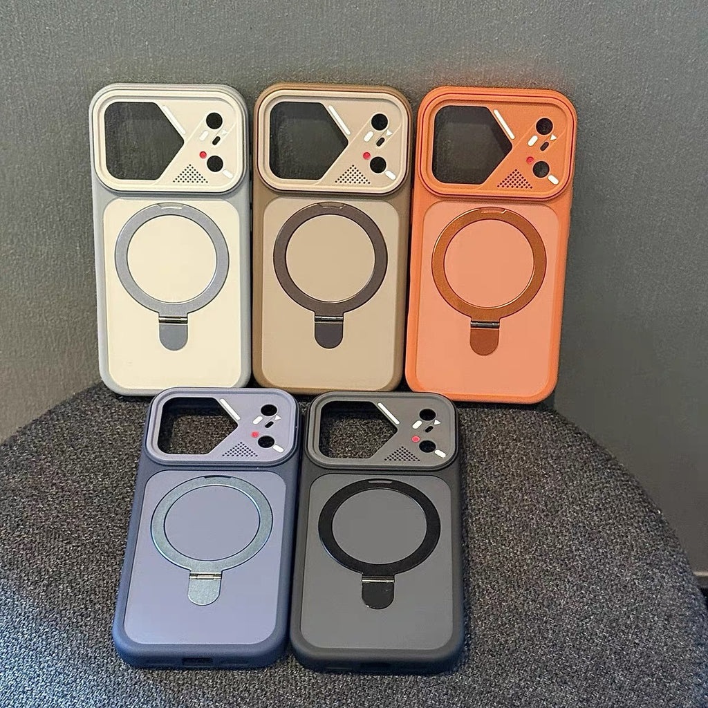 Mecha-style Frame Magnétique-suction Stand Matte Skin-feel Phone Case