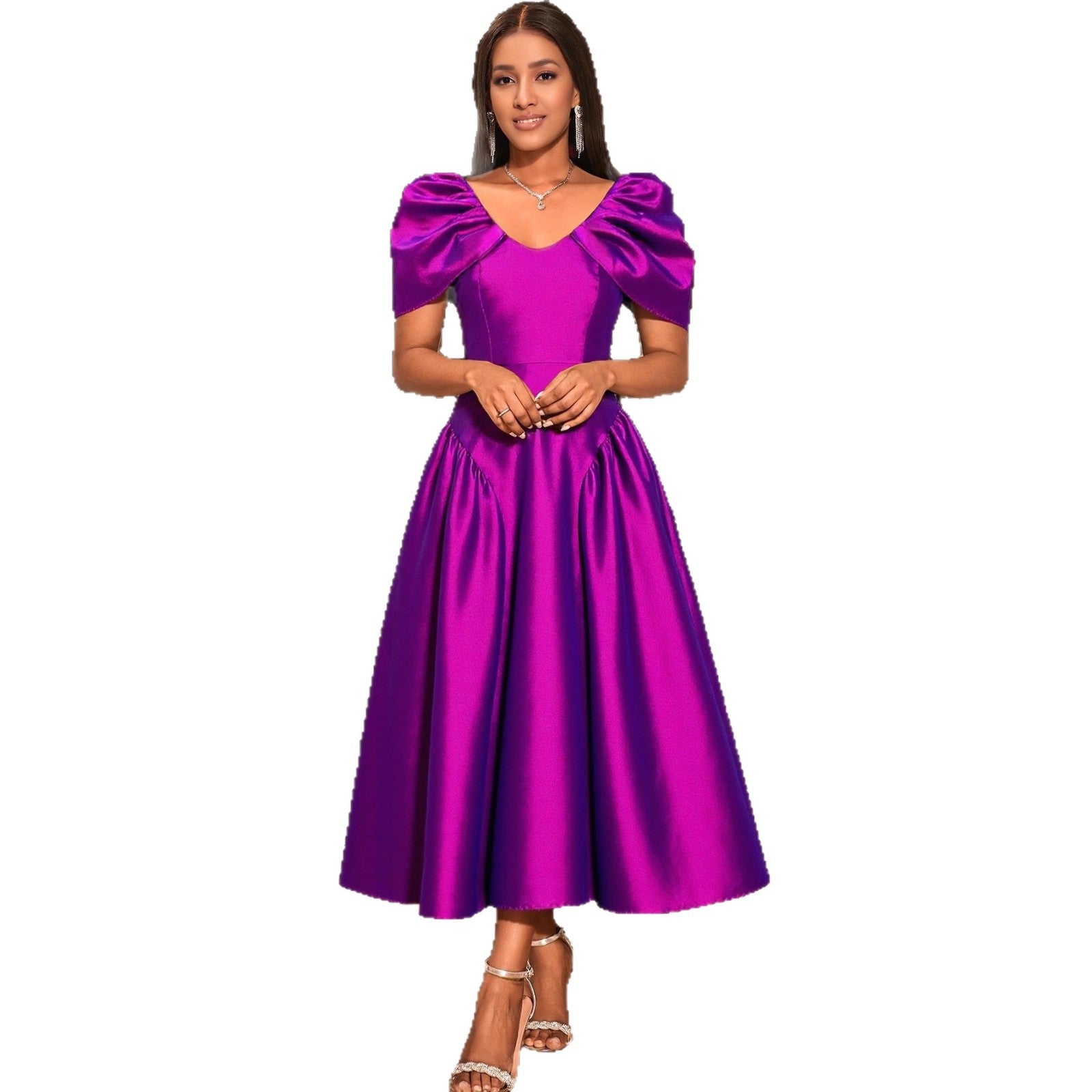 Robe de soirée à manches de puff Une robe de banquet plissée à l'ourlet