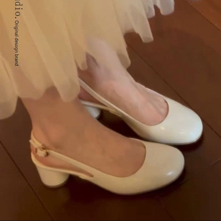 En stock Femmes French Retro Round Toe Low Cut One Sangle Sandales Casual Versatile Ba