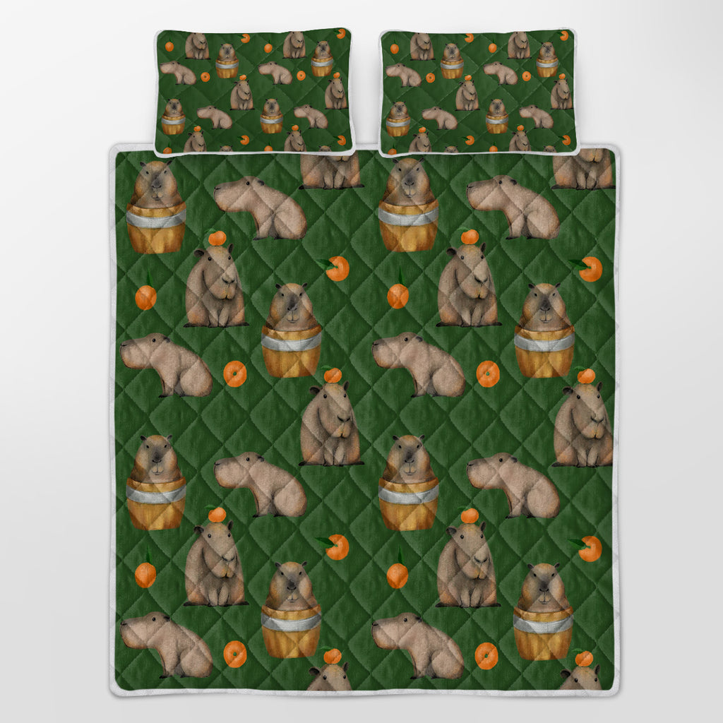 3-Piece Capybara Printed Quilt Set Soft Microfiber Lightweight Green Bedspread Ca