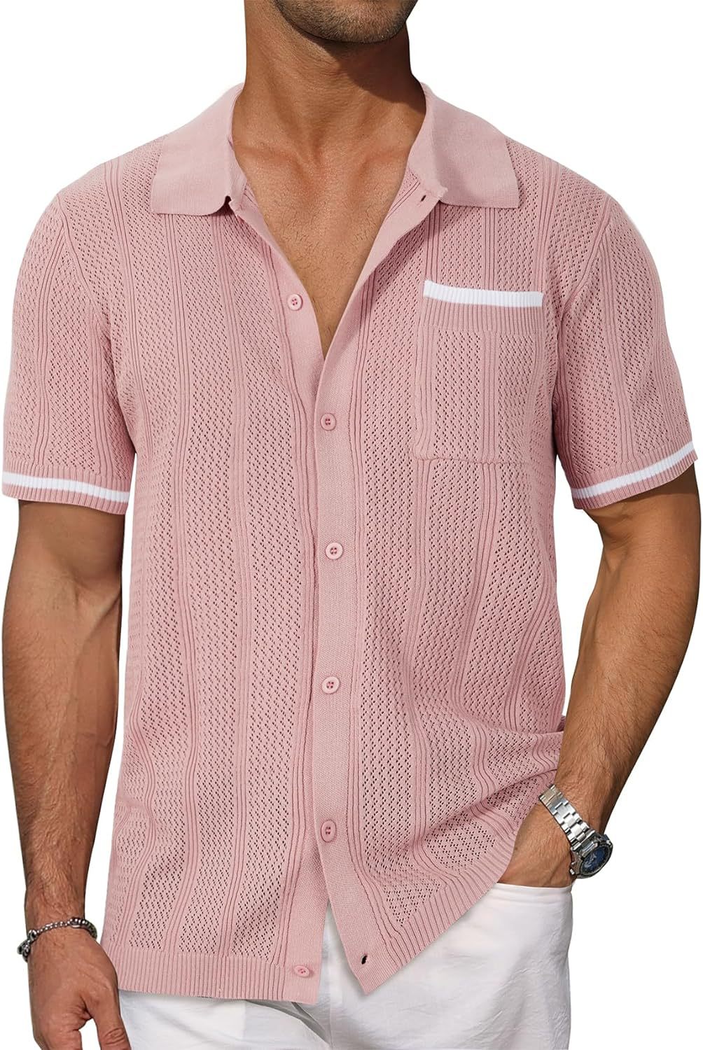 Chemise à manches courtes Poche Hollow Respirant Cool Summer Veste Casual Homme Cardigan