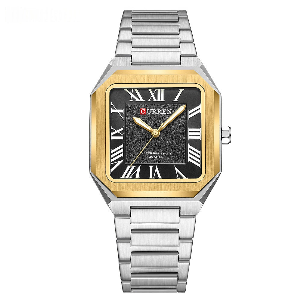 Montre Quartz à l'épreuve de l'eau carrée simple homme avec chiffres romains et bande d'acier mode