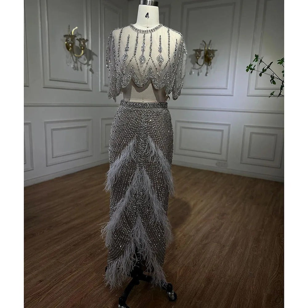 European And American Silver Nude Slim-fit Feather Châl Host Performance Soirée féminine