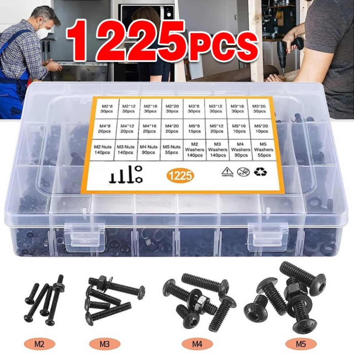1225pcs Acier inoxydable Vis hexagonales et boulons de chaussettes Ensemble d'écrous assortis M2 M3 M4 M5
