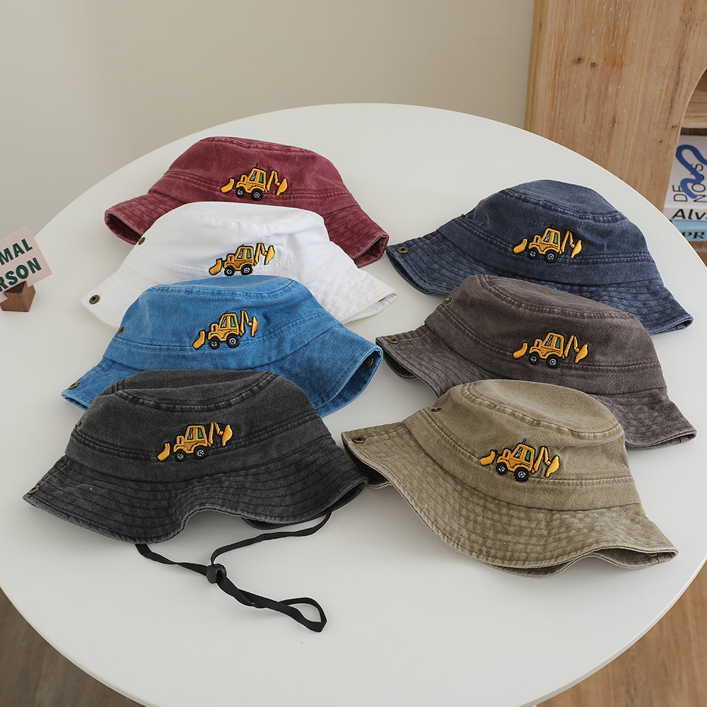 Chapeau à franges pour mini-excavateur brodé de dessin animé pour enfants avec corde et bord réglable