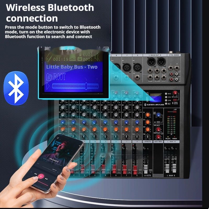 CT8 Professional 8-way Mixer USB avec moniteur Bluetooth DJ Console Audio Mixer