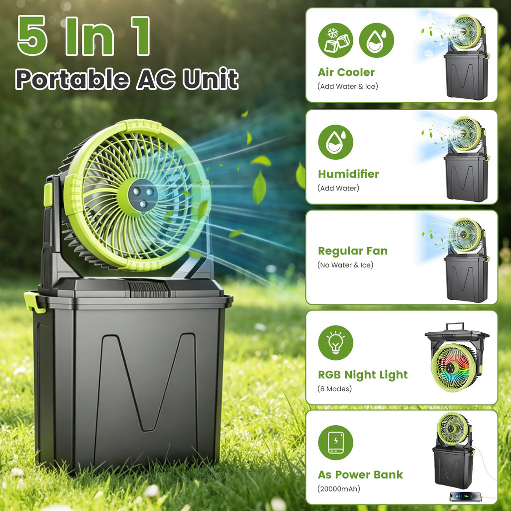 1Pc 5 Dans 1 20000mAh 10L Bucket Ventilateur de brume portable Intérieur Extérieur Chargeable Camping Co