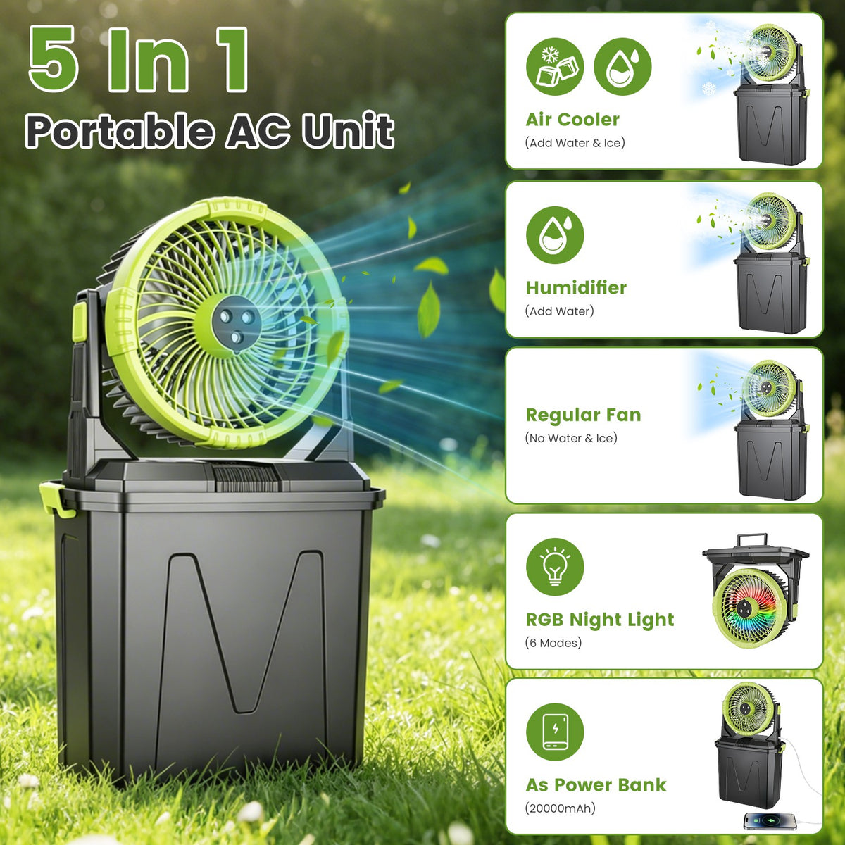 1Pc 5 In 1 20000mAh 10L Bucket Portable Mist Fan Indoor Outdoor Rechargeable Camping Co