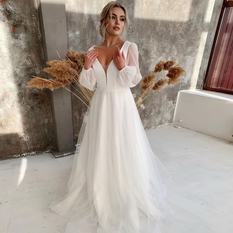 Robe de mariée de style français Deep-V Bubble à manches longues