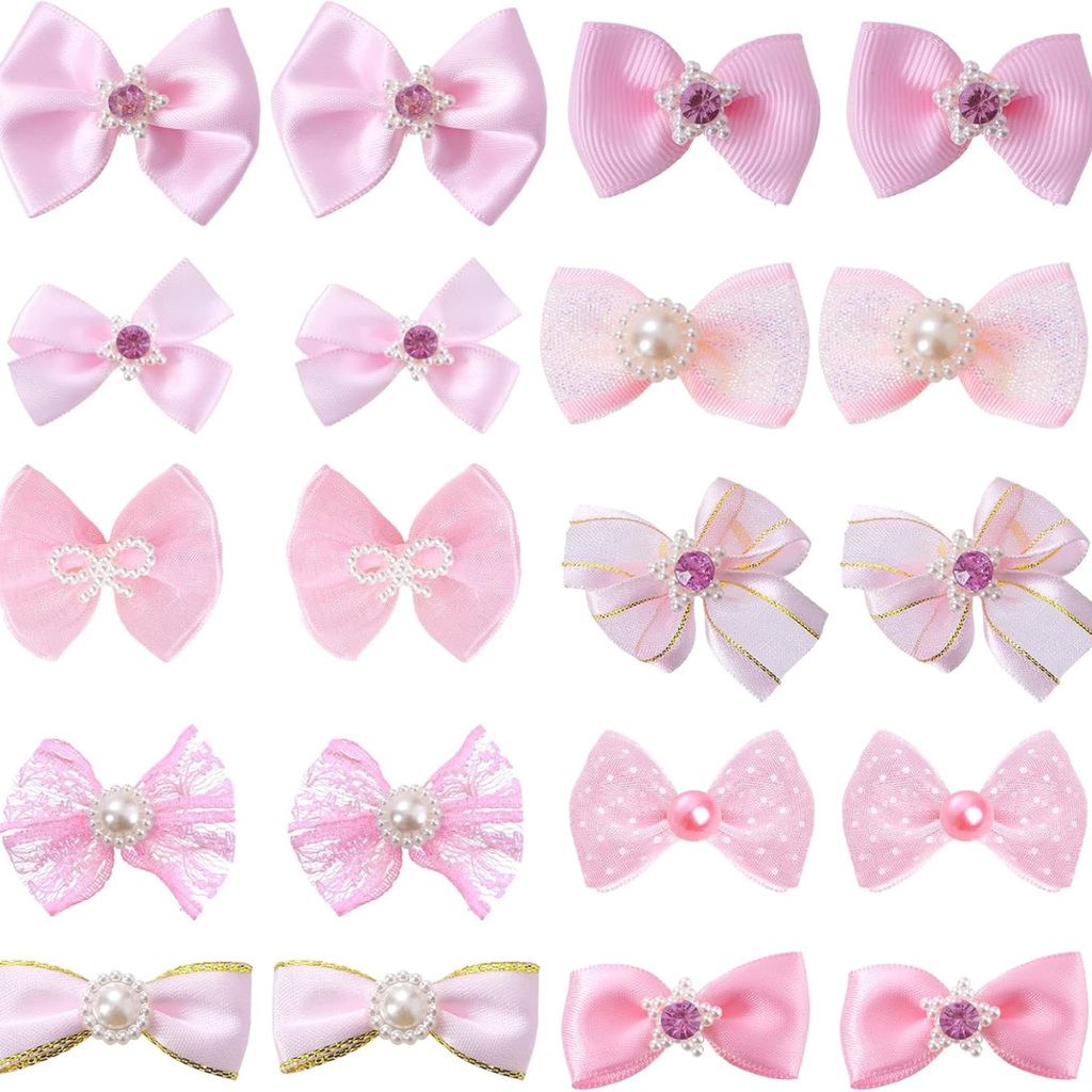 20 PCS Cute Dog Hair Bows with Rubber Bands Elastic Handmade Mix Style Dentelle Strass Pea