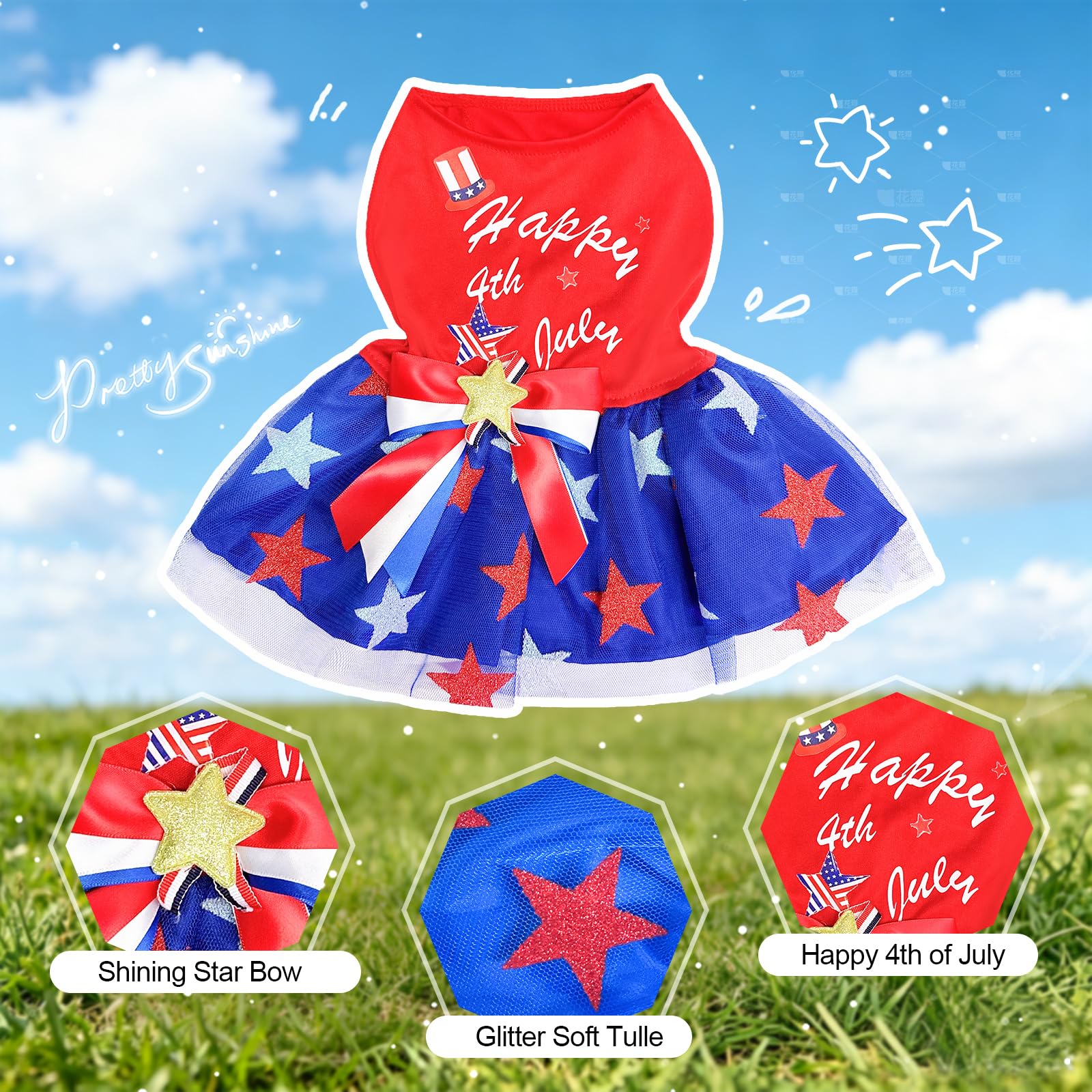 Dog Tulle robe indépendante Jour patriotique Stars Dog Outfit Sparkly Pet robe de vacances avec