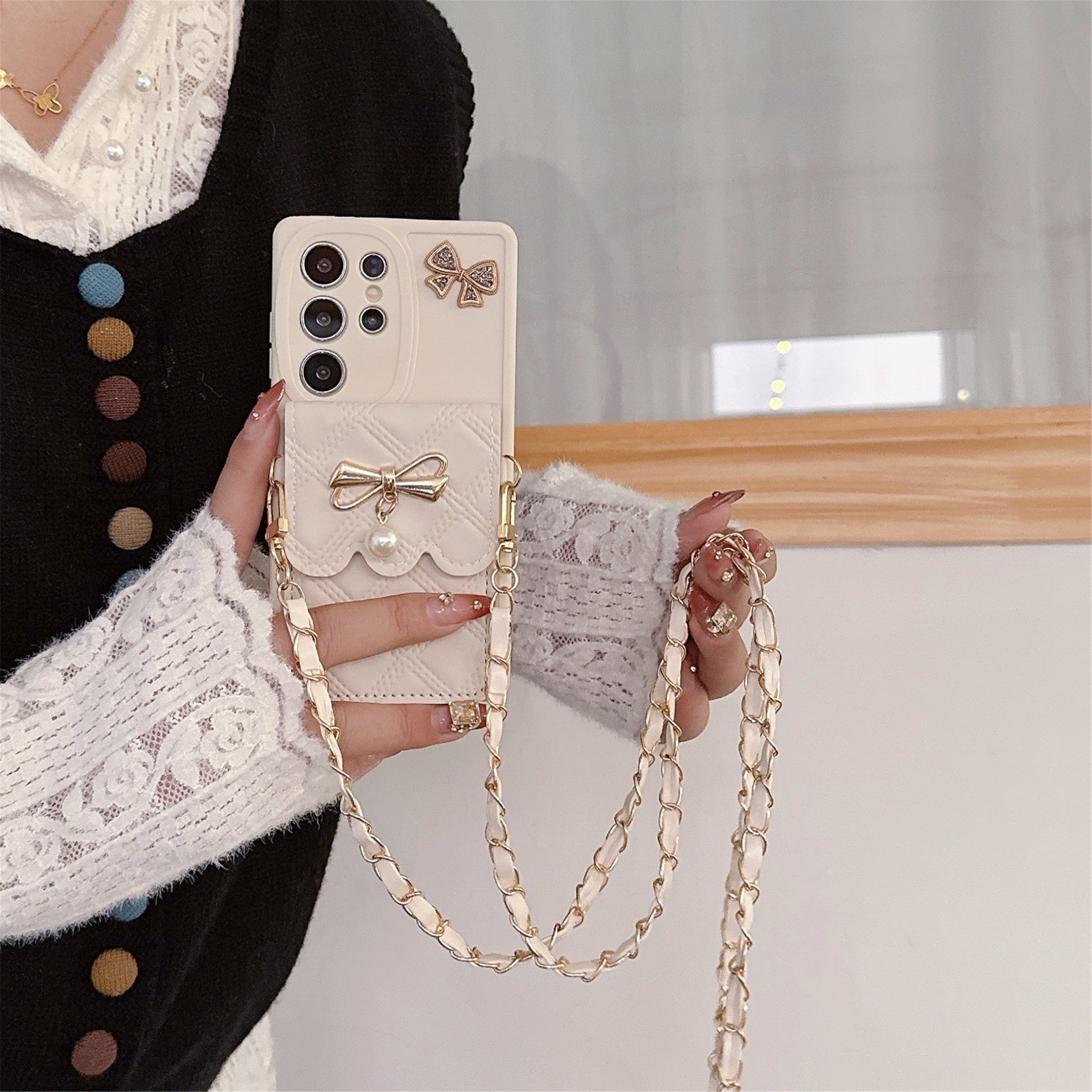 Applicable au boîtier de téléphone S25Ultra Pearl Butterfly Rhombus Porte carte Case de téléphone