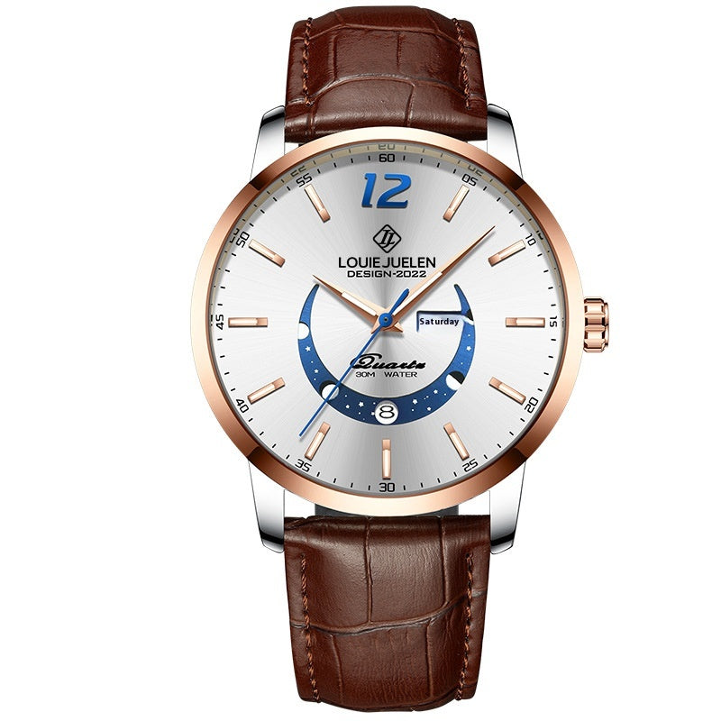 Master Moon Phase Luminous Waterproof Wrist Watch La mode masculine véritable bracelet en cuir
