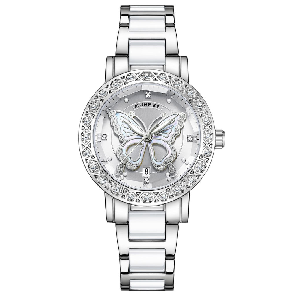 Butterfly Montre de luxe pour femmes avec calendrier et bracelet en acier
