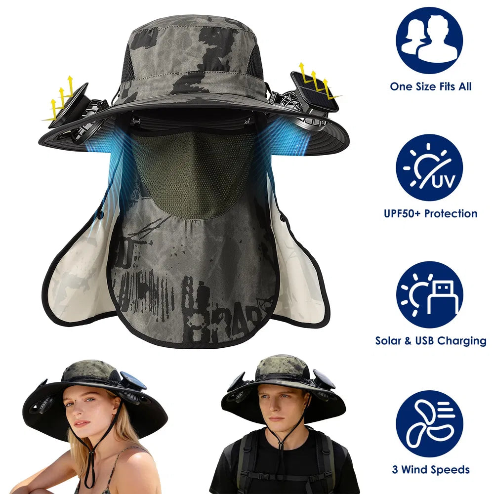 2 En 1 Solar Fan Hat UPF50 & Sun Hat avec des ventilateurs large Brim Chapeau de pêche avec couvercle de visage