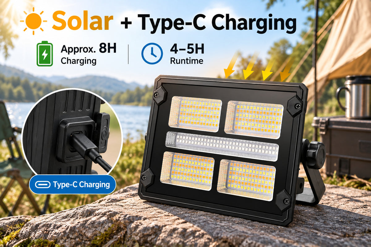 Afficheur de batterie rechargeable alimenté par le solaire Type C LED Lumière de déluge W884 3 Bleu Rouge Dimmable