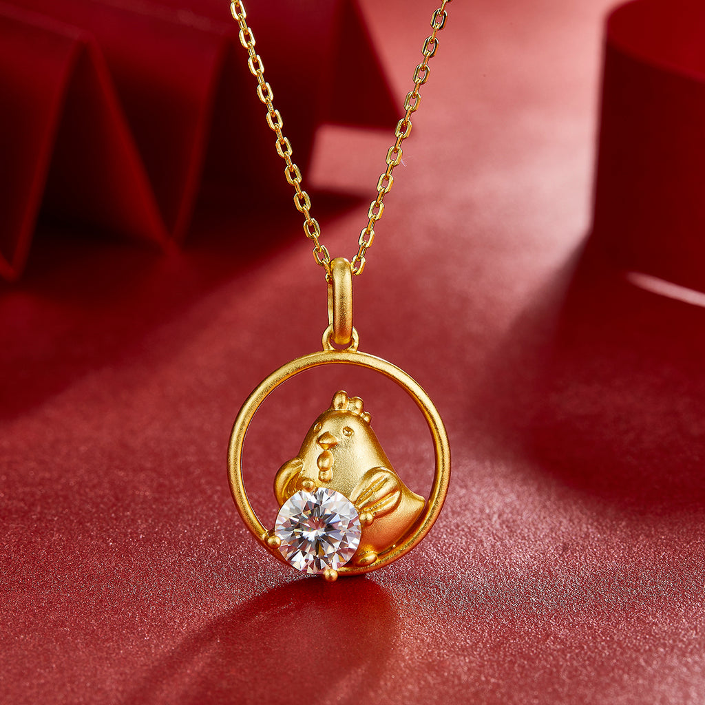 S925 Argent Sterling plaqué or 1ct D Couleur VVS1 Coq Moissanite Collier Zodiaque 4.2g