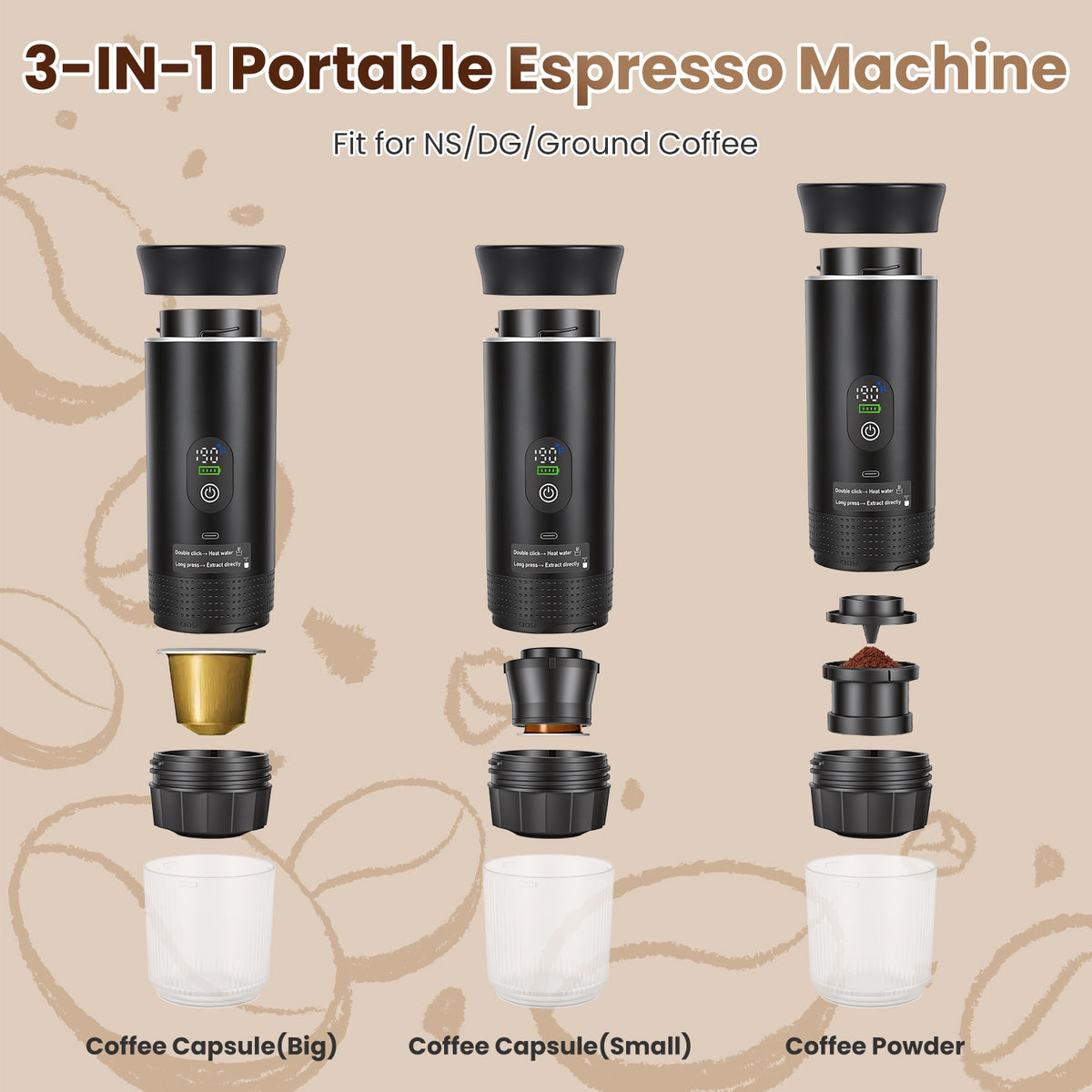 3 En 1 Portable Espresso Machine sans fil journée mère auto-chauffage Cafetière avec 7500mA