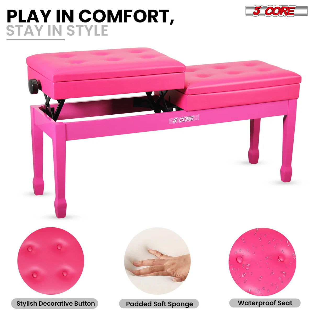 5 Core Duet Piano Banc 3.5 pouce rembourré Tabouret Coussiné Chaise Musicienne en bois lourd w