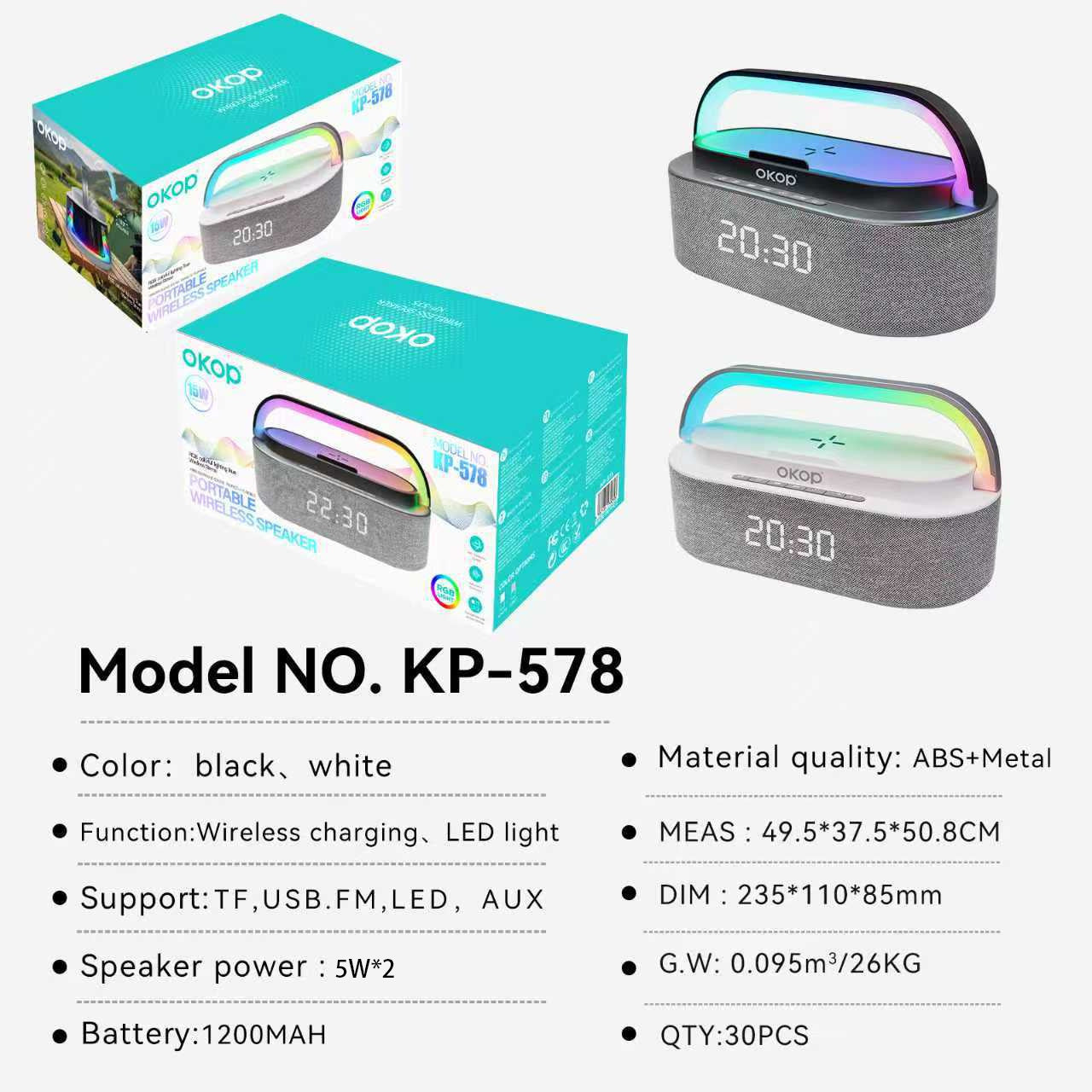 KP-578 Haut-parleur Bluetooth sans fil vendu à chaud avec réveil et charge sans fil Featu