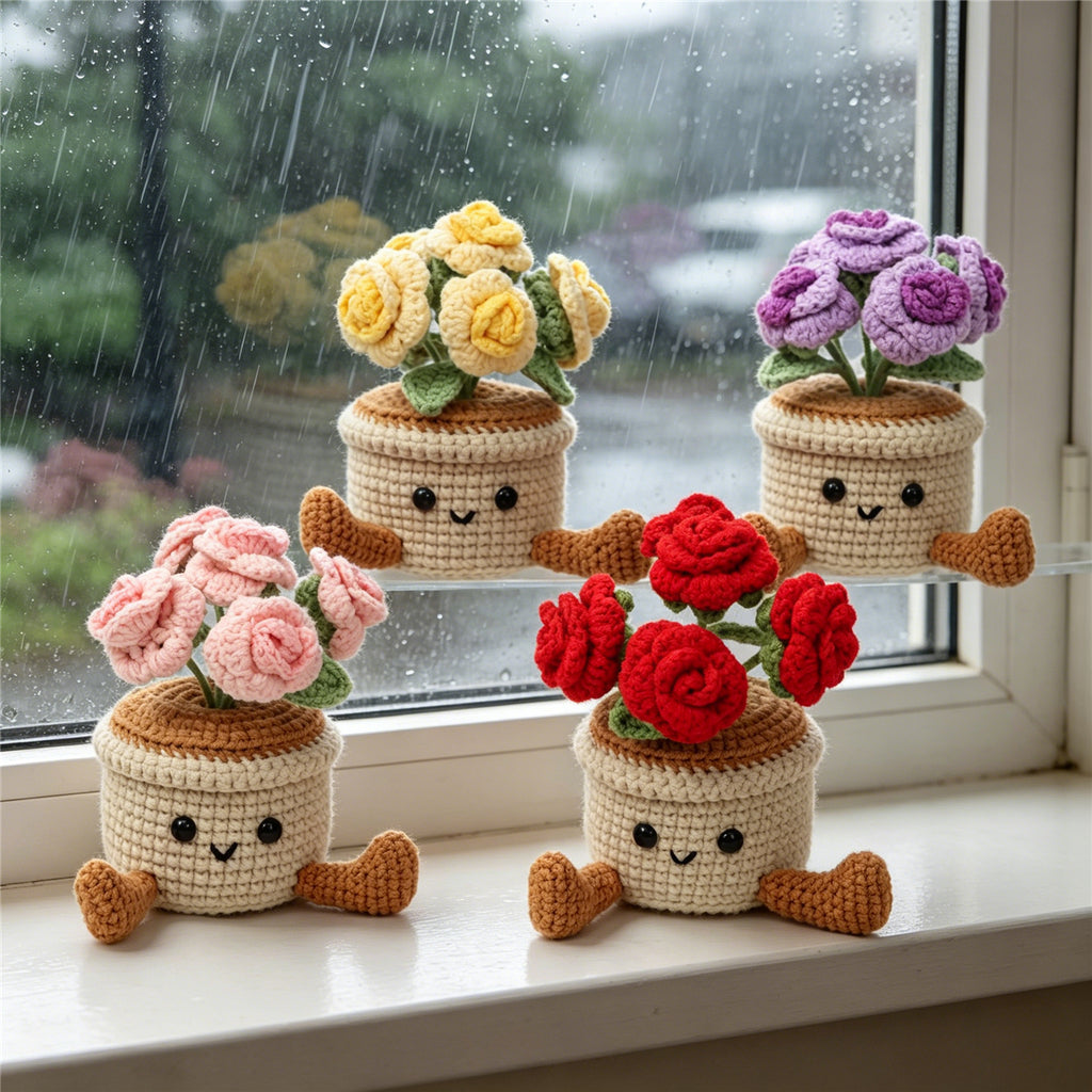 Crochet fait main multi coloré Rose Pot ornement Set de fil doux Everlasting Crochet Rose Bl
