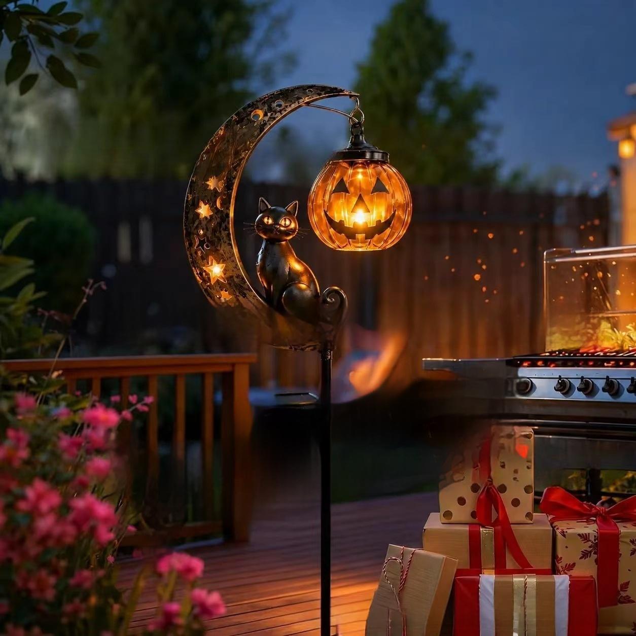 Black Cat Lune Lampe de sol Black Cat Pumpkin Moon Stake Light