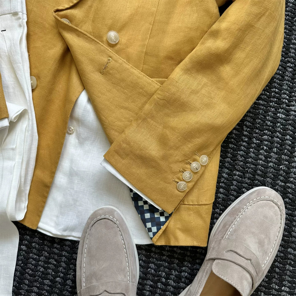 Slim-fit semi-linen casual suit in British style