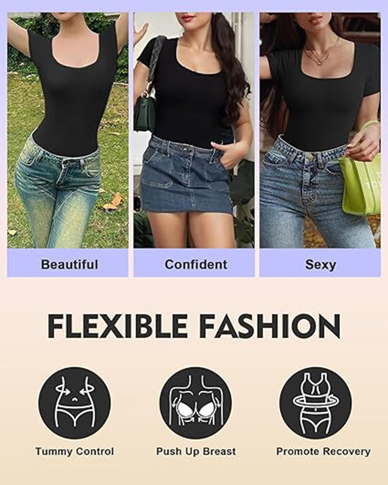 Sans couture Cou carré Combinaison pour femmes Tummy Control Short Sleeve String Shapewear Slim Fi
