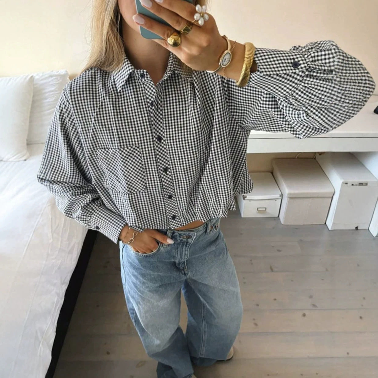 Chemise courte en cuir taille haute pour femmes