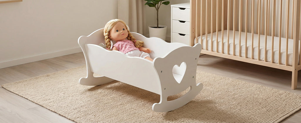 Poupée en bois jouer Cradle Rocking Baby Doll Crib avec literie rose pour poupées jusqu'à 20 en