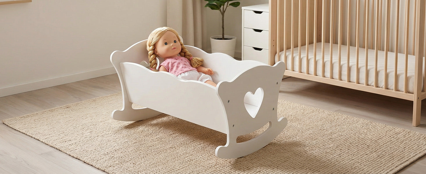 Poupée en bois jouer Cradle Rocking Baby Doll Crib avec literie rose pour poupées jusqu'à 20 en