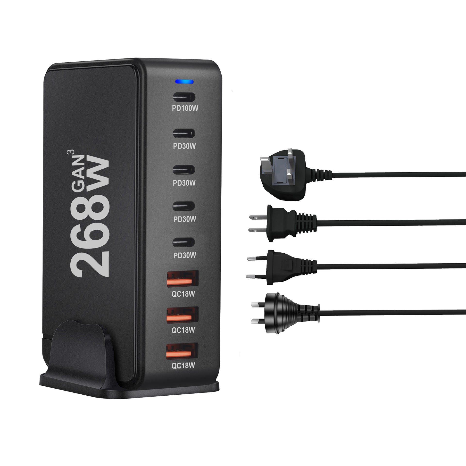 268W Gallium Nitride PD Chargeur de bureau multifonctionnel 5 C3A Adaptateur 8 ports