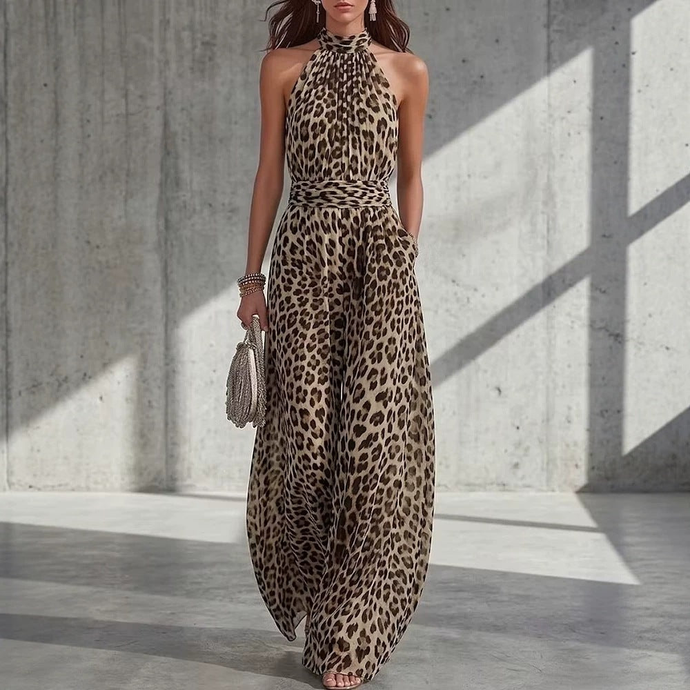 Femmes Casual Leopard-print Coupe longue sans manches col haltère