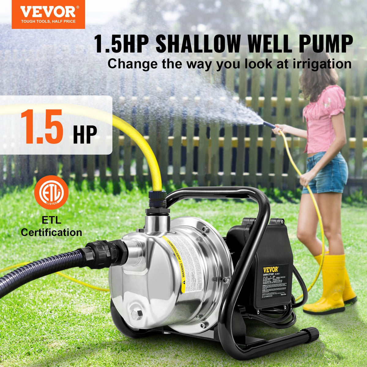 Pompe à jet d'eau de jardin portable pour puits peu profond 1,5HP 1200GPH 164 Ft Head